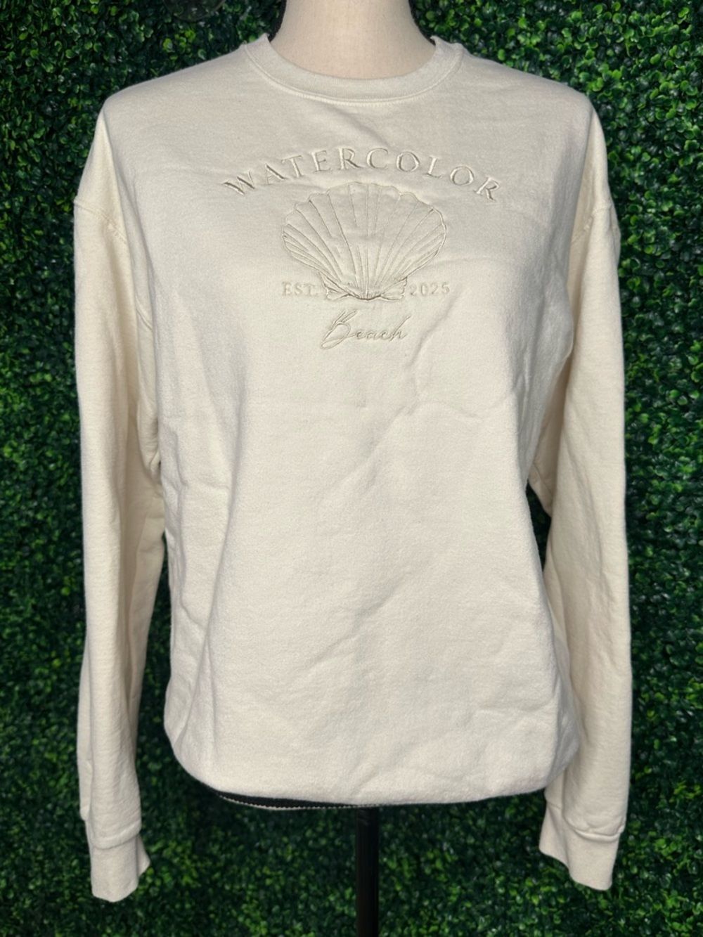 Cream Watercolor Beach Sweatshirt M Neutral Embroidered Seashell Coastal